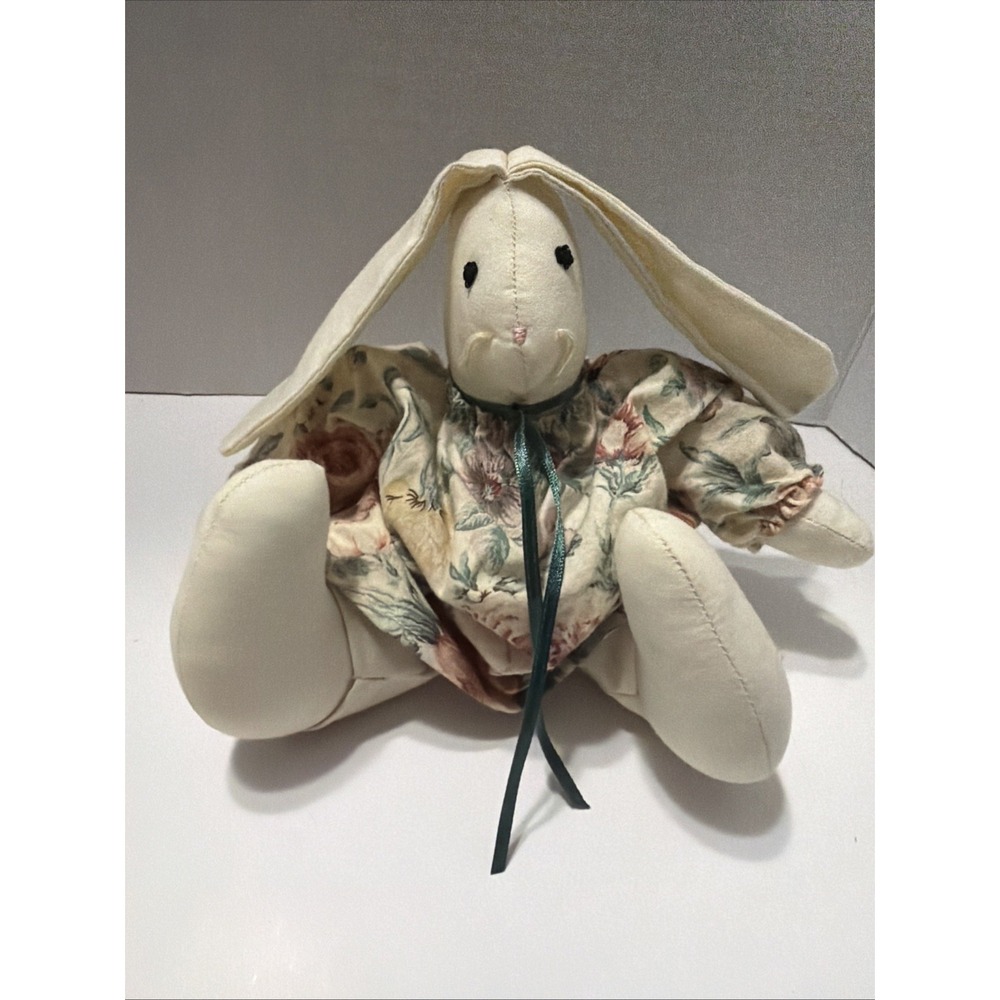 Vintage Handmade Cloth Bunny Rabbit Plush Floral Dress Primitive Cottagecore Toy